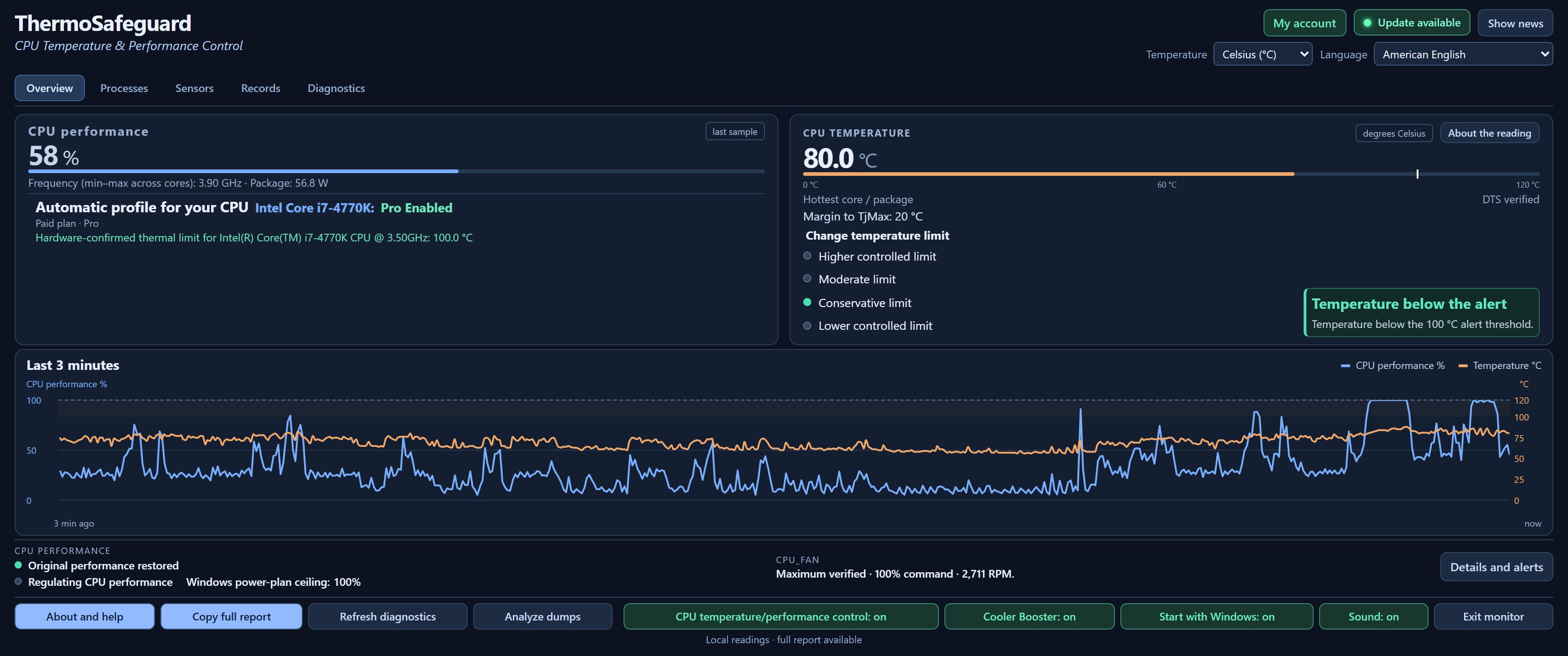 Prévia real do ThermoSafeguard com cartões de CPU, temperatura e gráficos